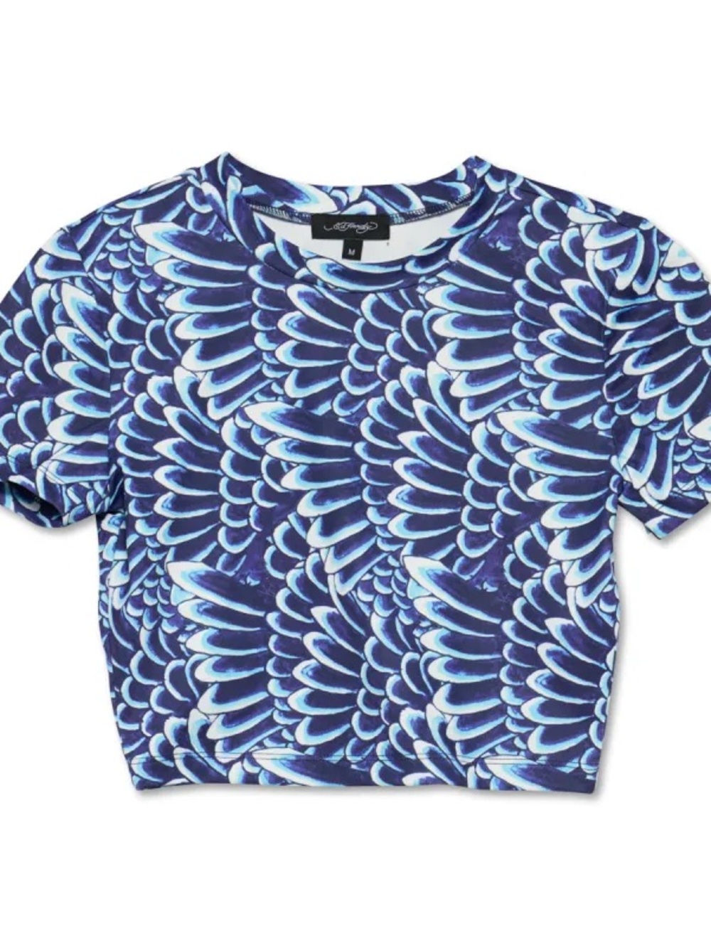 Ed Hardy blue & white feather print artsy design spandex stretch cropped top L